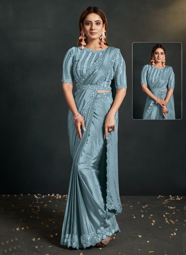 Silk Sky Blue Party Wear Embroidery Work Ready To Wear Saree